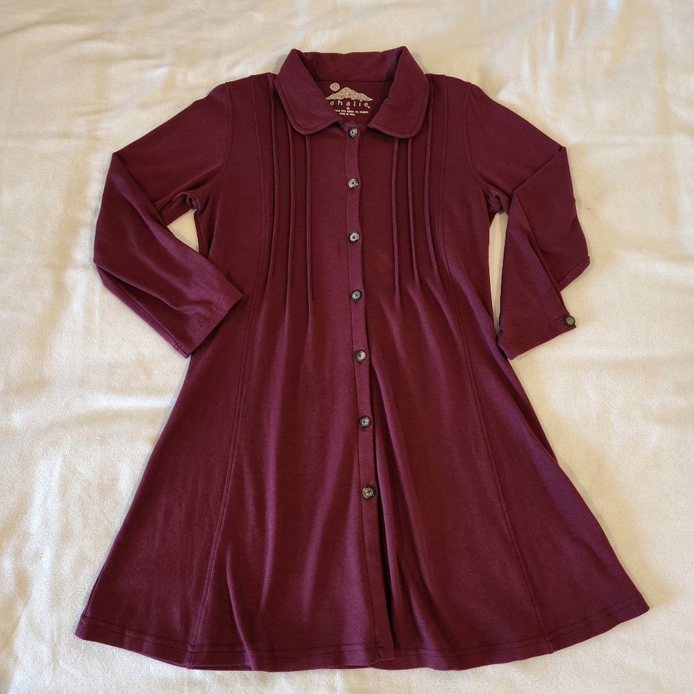 SAHALIE Button Down Pintuck Burgundy Tunic Top Mini Dress Size Medium
